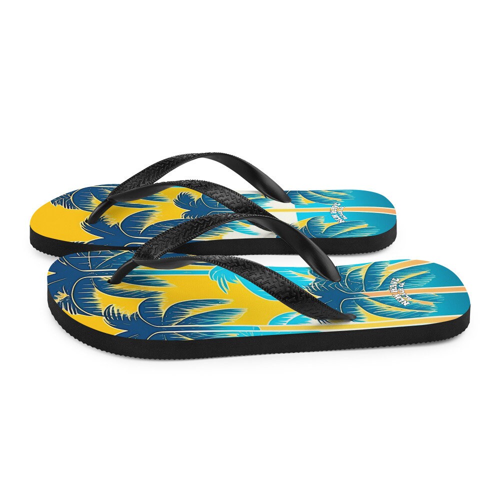 Emerald  Blossoms - Retro Yellow Blue Tropical Palm Trees Flip Flops Colorful 