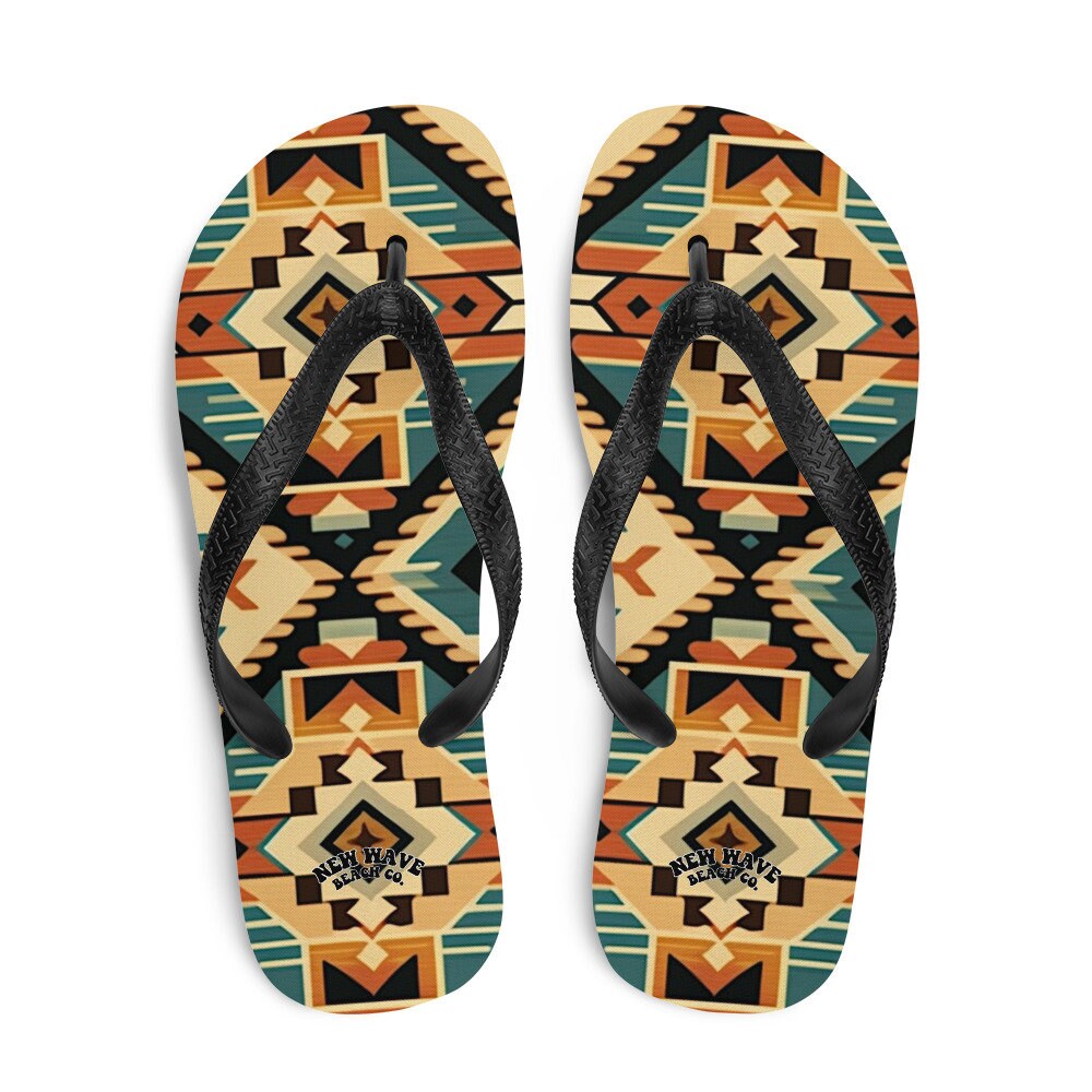 Emerald  Blossoms - Retro Kilim Black Blue Orange Flip Flops Colorful 