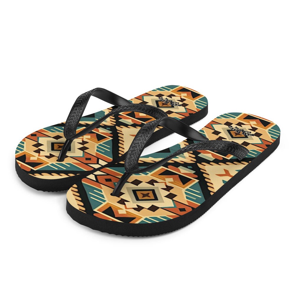 Emerald  Blossoms - Retro Kilim Black Blue Orange Flip Flops Colorful 