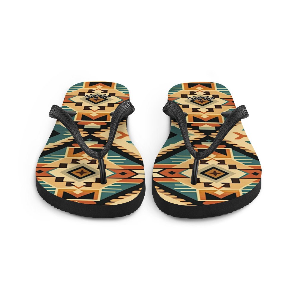 Emerald  Blossoms - Retro Kilim Black Blue Orange Flip Flops Colorful 