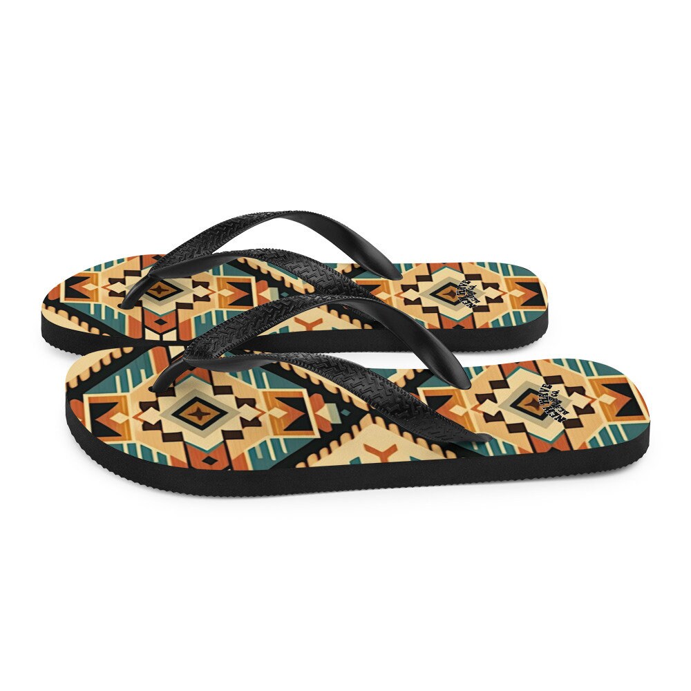 Emerald  Blossoms - Retro Kilim Black Blue Orange Flip Flops Colorful 