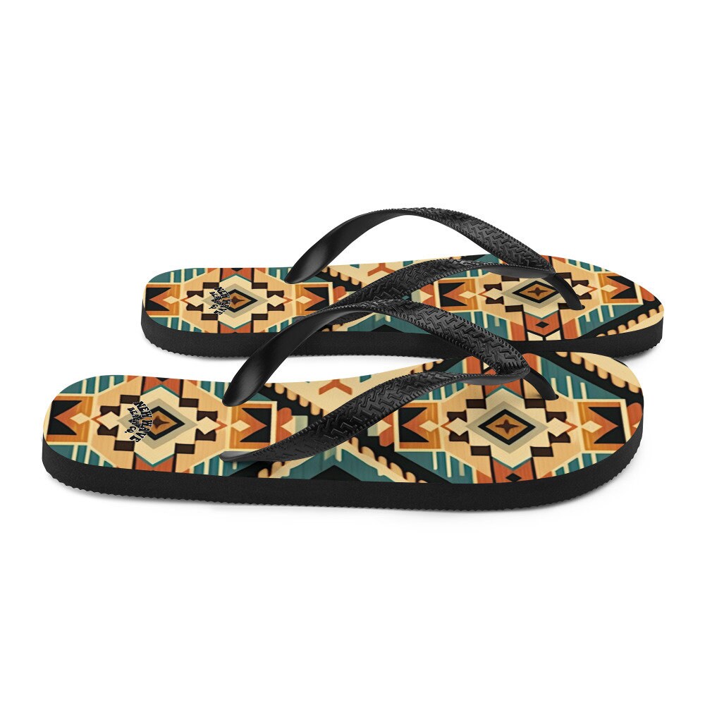 Emerald  Blossoms - Retro Kilim Black Blue Orange Flip Flops Colorful 