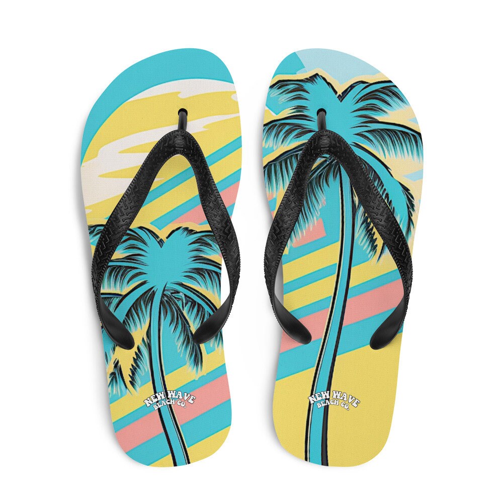 Emerald  Blossoms - Retro Yellow Blue Faded Palm Tree Flip Flops Colorful 