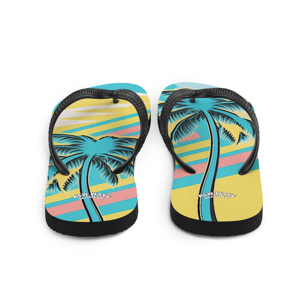 Emerald  Blossoms - Retro Yellow Blue Faded Palm Tree Flip Flops Colorful 