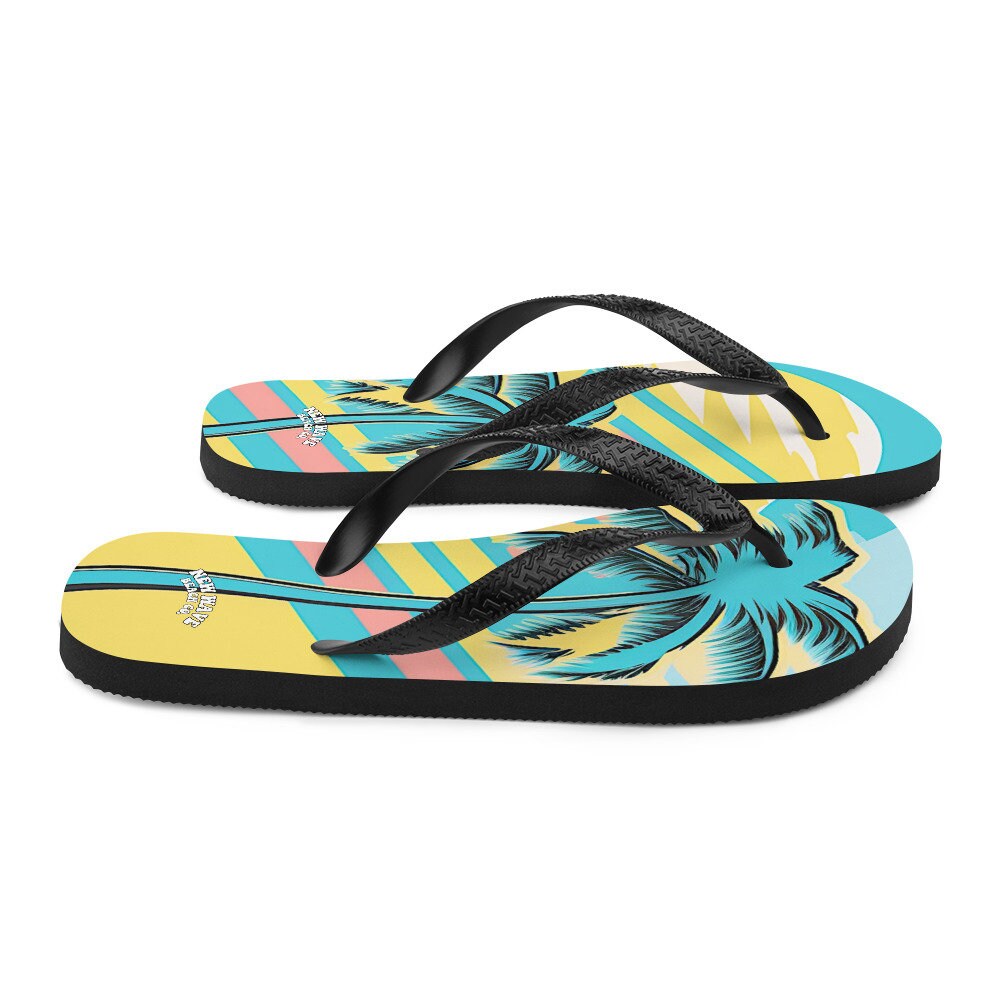 Emerald  Blossoms - Retro Yellow Blue Faded Palm Tree Flip Flops Colorful 