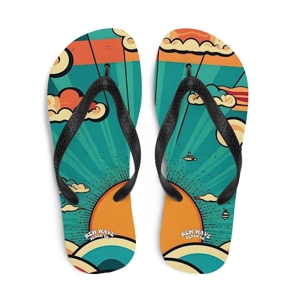 Emerald  Blossoms - Retro Cartoon Sunshine Sky Flip Flops Colorful 