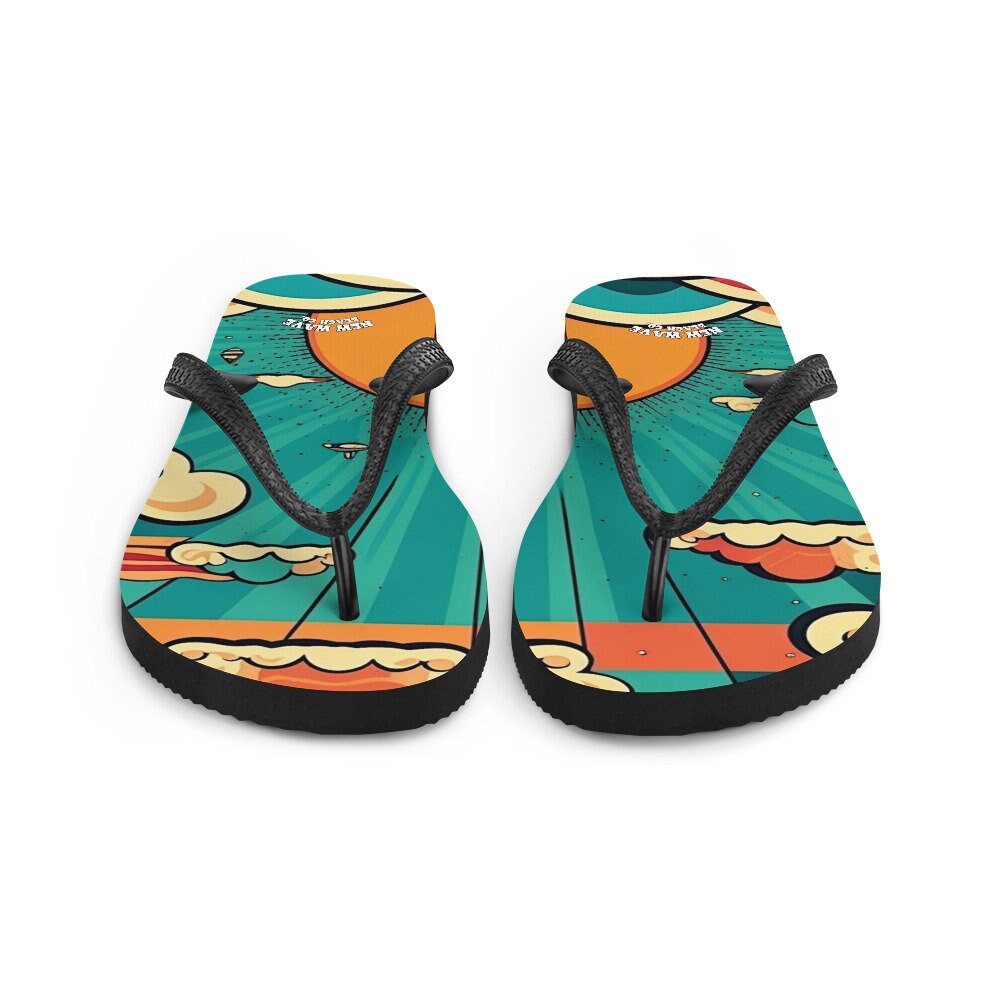 Emerald  Blossoms - Retro Cartoon Sunshine Sky Flip Flops Colorful 