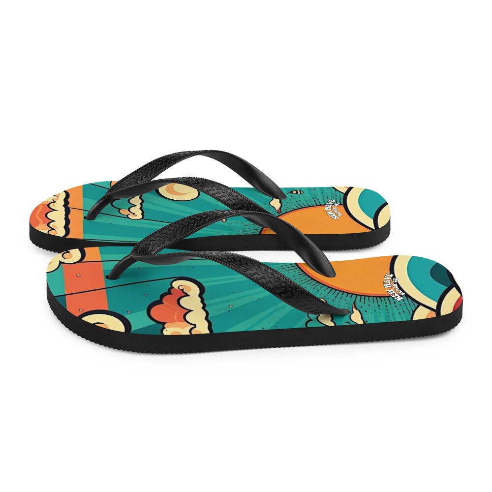 Emerald  Blossoms - Retro Cartoon Sunshine Sky Flip Flops Colorful 