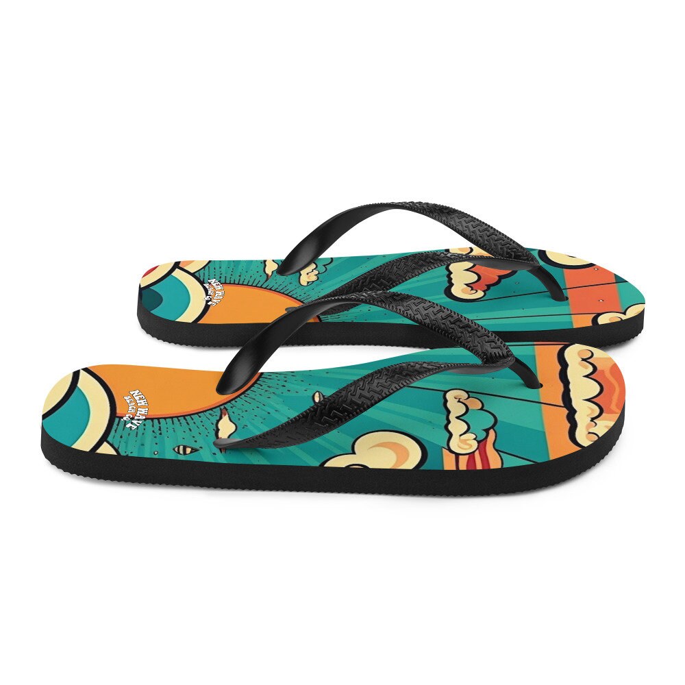 Emerald  Blossoms - Retro Cartoon Sunshine Sky Flip Flops Colorful 