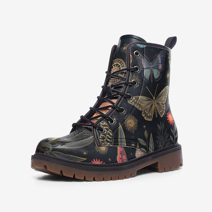 Emerald Blossoms - Dark Butterflies Boots, Fairy Grunge Vegan Leather Combat Boots For Hippies