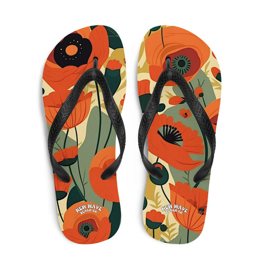 Emerald  Blossoms - Retro Orange Vintage Art Poppy Flowers Flip Flops Colorful 