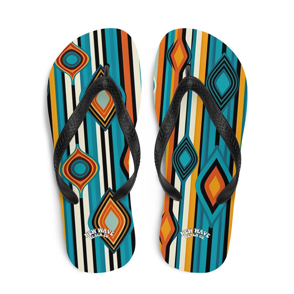 Emerald  Blossoms - Retro Yellow Blue Orange Striped Flip Flops Colorful 