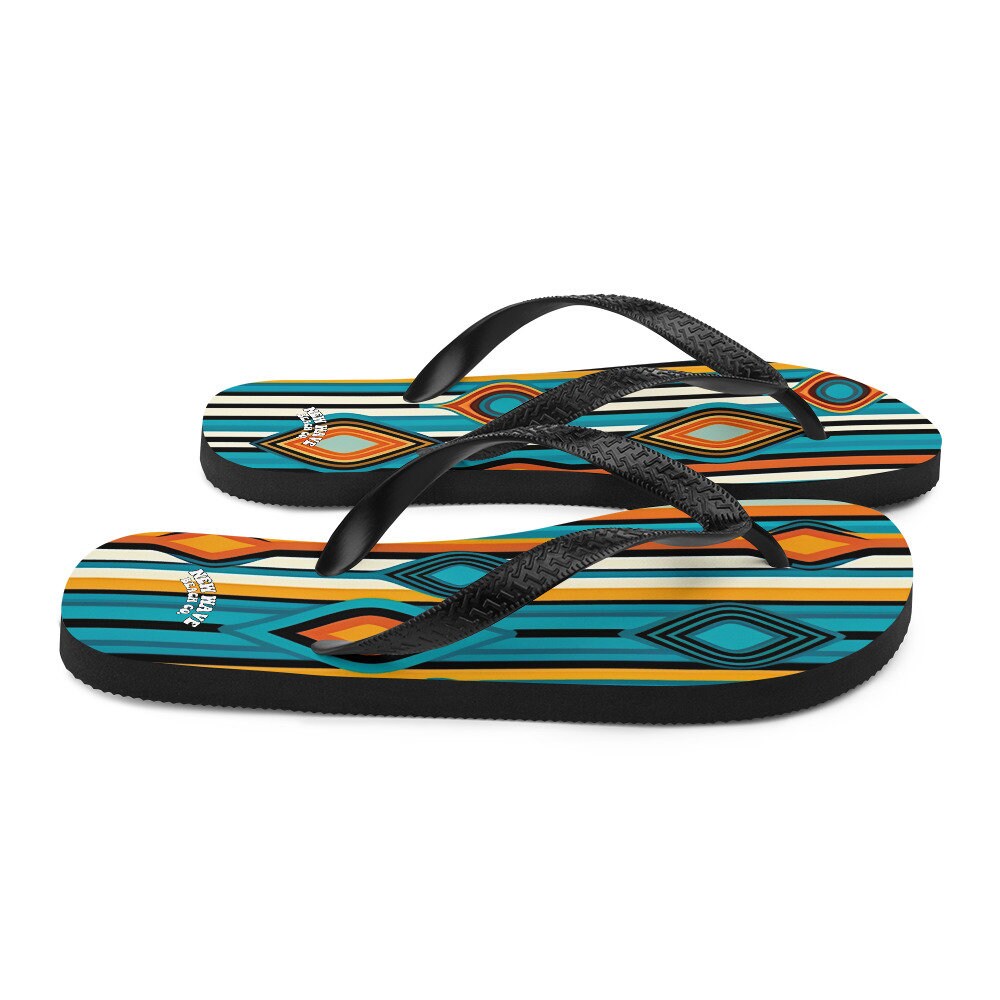 Emerald  Blossoms - Retro Yellow Blue Orange Striped Flip Flops Colorful 