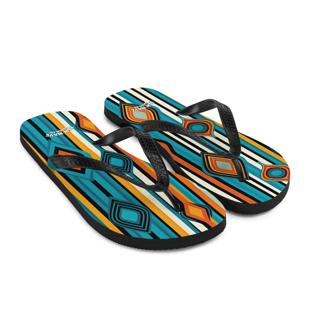 Emerald  Blossoms - Retro Yellow Blue Orange Striped Flip Flops Colorful 