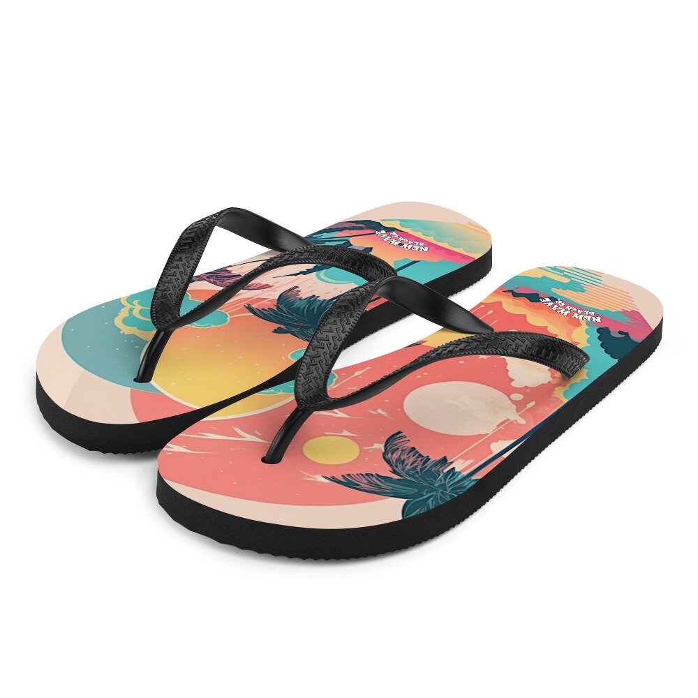 Emerald  Blossoms - Pink Faded Retro Tropical Beach Palms Flip Flops Colorful 