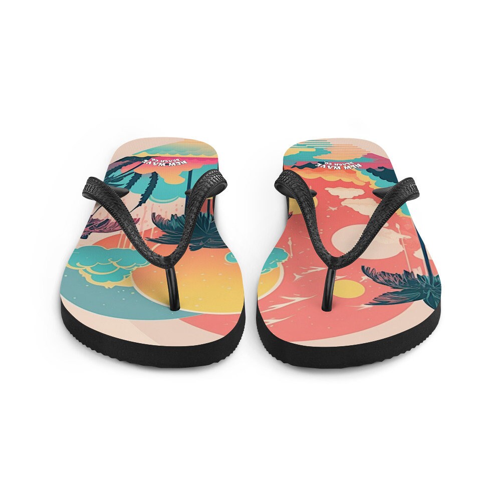 Emerald  Blossoms - Pink Faded Retro Tropical Beach Palms Flip Flops Colorful 