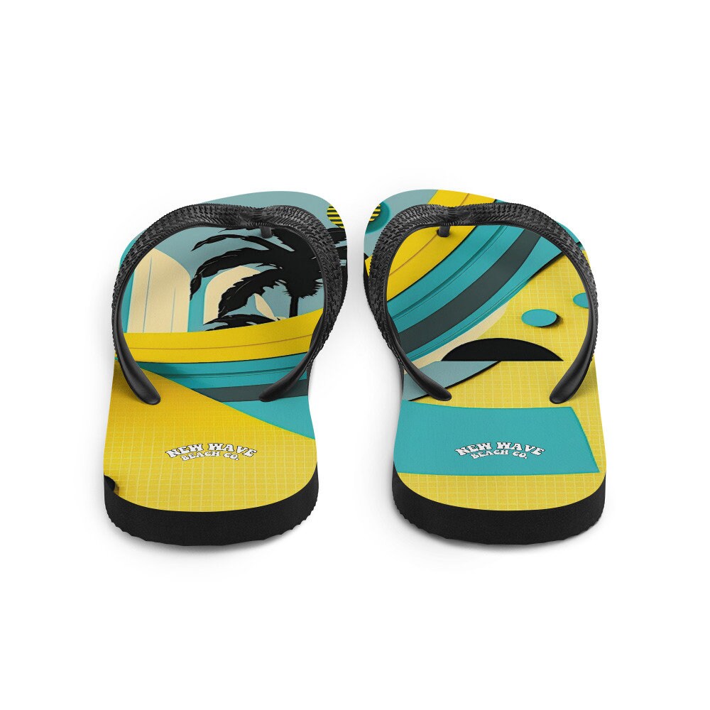 Emerald  Blossoms - Abstract Yellow Blue Palm Tree Flip Flops Colorful 