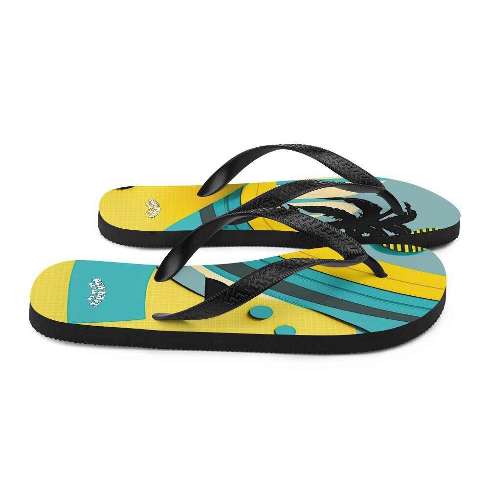 Emerald  Blossoms - Abstract Yellow Blue Palm Tree Flip Flops Colorful 