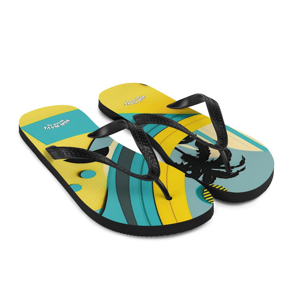 Emerald  Blossoms - Abstract Yellow Blue Palm Tree Flip Flops Colorful 