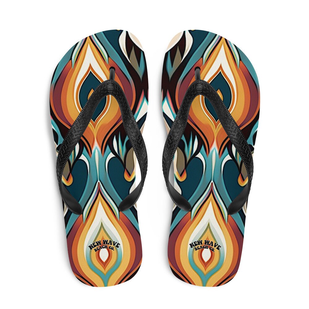 Emerald  Blossoms - Retro Ikat Yellow Blue Orange Flip Flops Colorful 