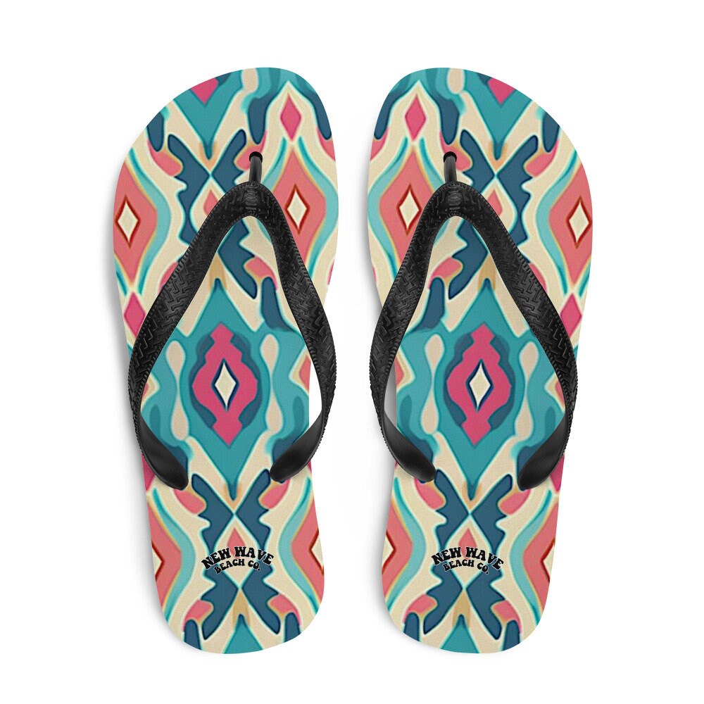 Emerald  Blossoms - Retro Ikat Pink Blue Flip Flops Colorful 