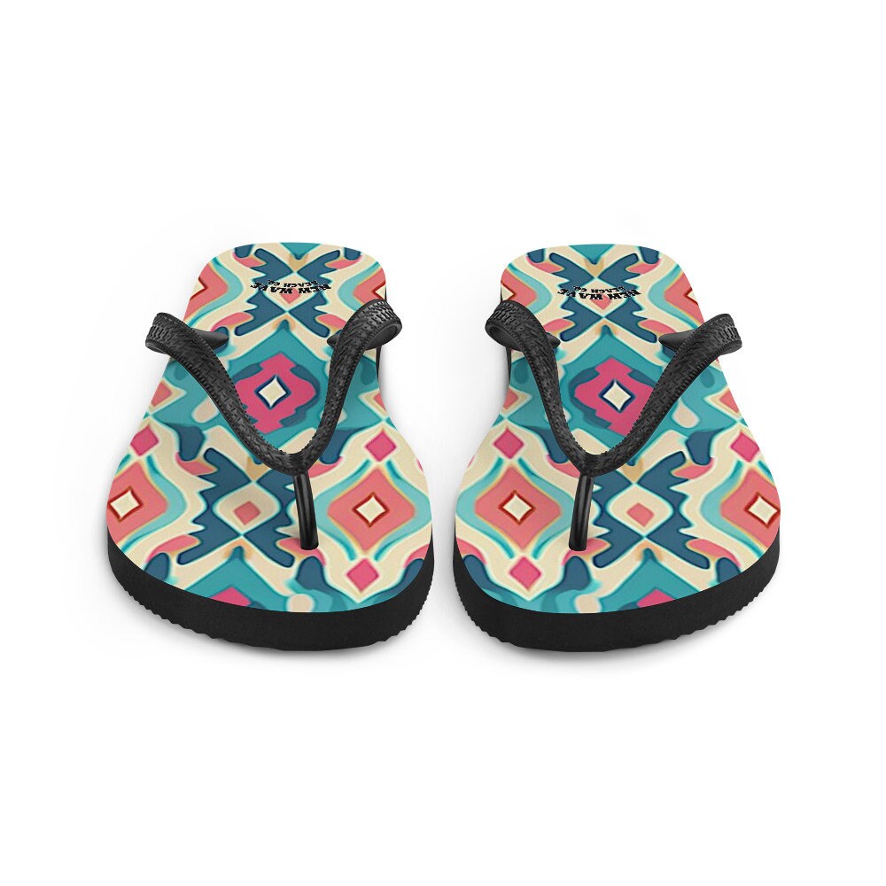 Emerald  Blossoms - Retro Ikat Pink Blue Flip Flops Colorful 