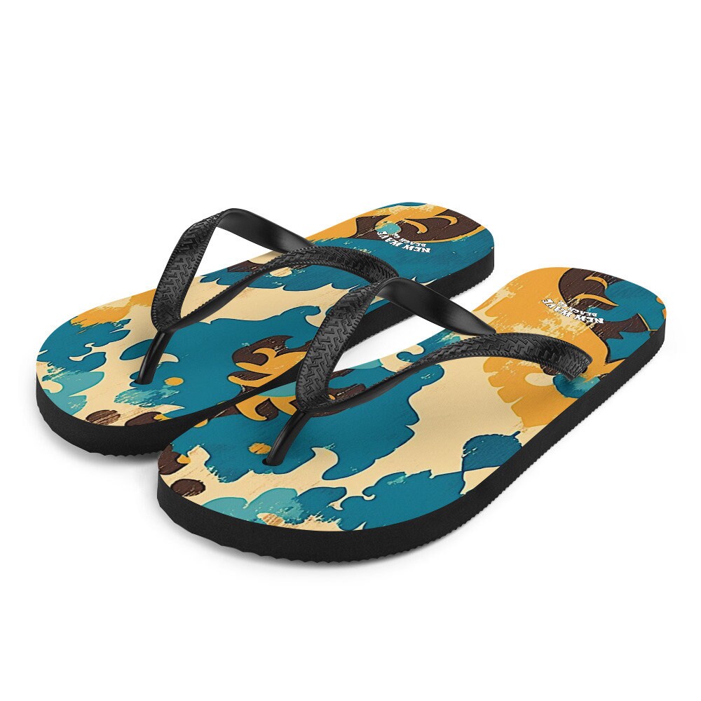 Emerald  Blossoms - Retro Faded Ikat Yellow Blue Flip Flops Colorful 