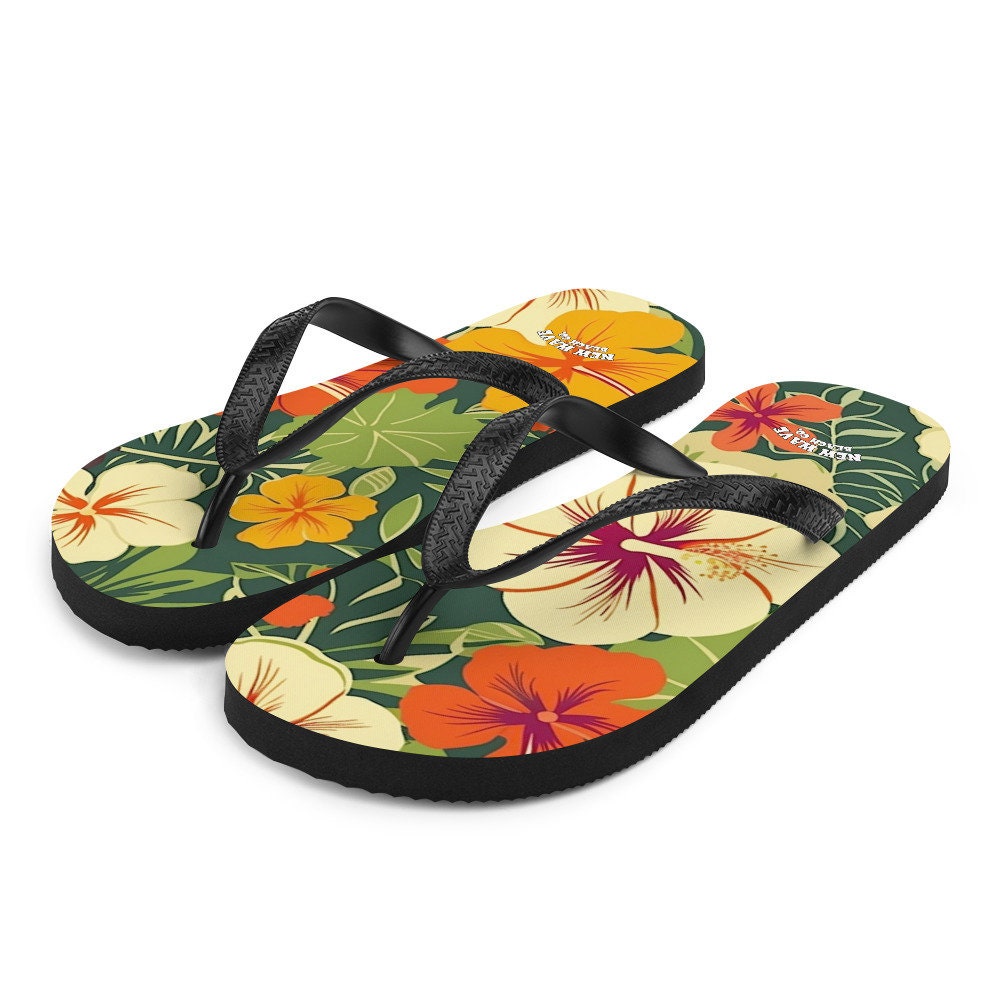 Emerald  Blossoms - Vintage Tropical Hawaiian Flower Flip Flops Exotic Comfortable Footwear Thong Sandals Summer Woman Men Beach Print Rubber Slip On Shoes