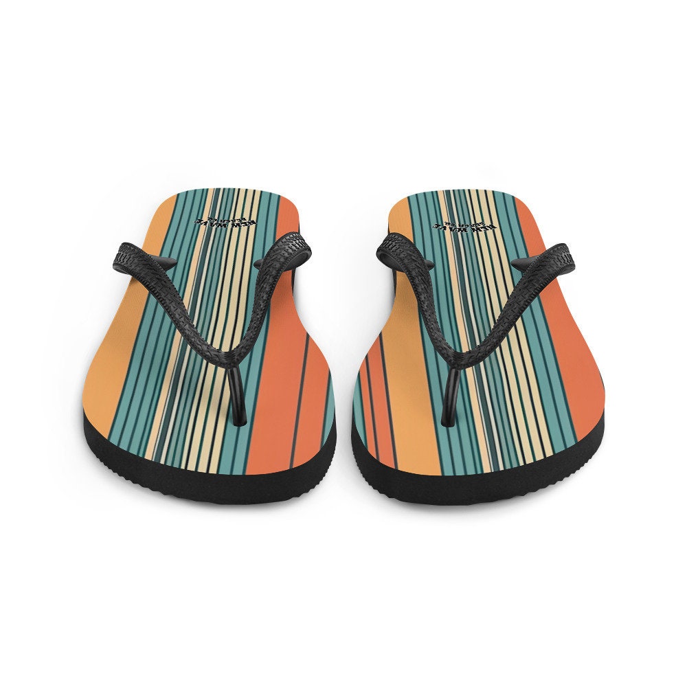 Emerald  Blossoms - Mikey P’s Orange Blue Retro Striped Flip Flops Colorful 