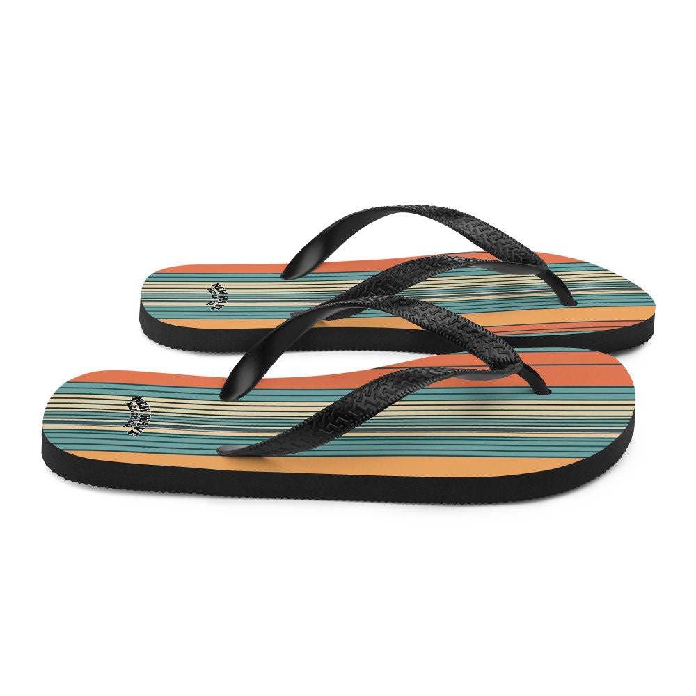 Emerald  Blossoms - Mikey P’s Orange Blue Retro Striped Flip Flops Colorful 