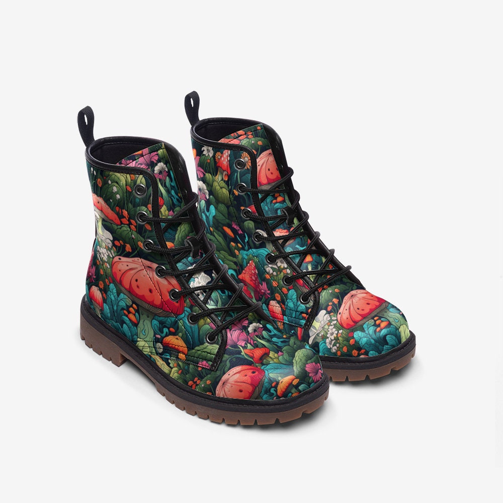 Emerald Blossoms - Bright Colorful Mushroom Vegan Leather Boots Festival Boots For Hippies