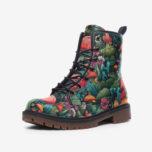 Emerald Blossoms - Bright Colorful Mushroom Vegan Leather Boots Festival Boots For Hippies