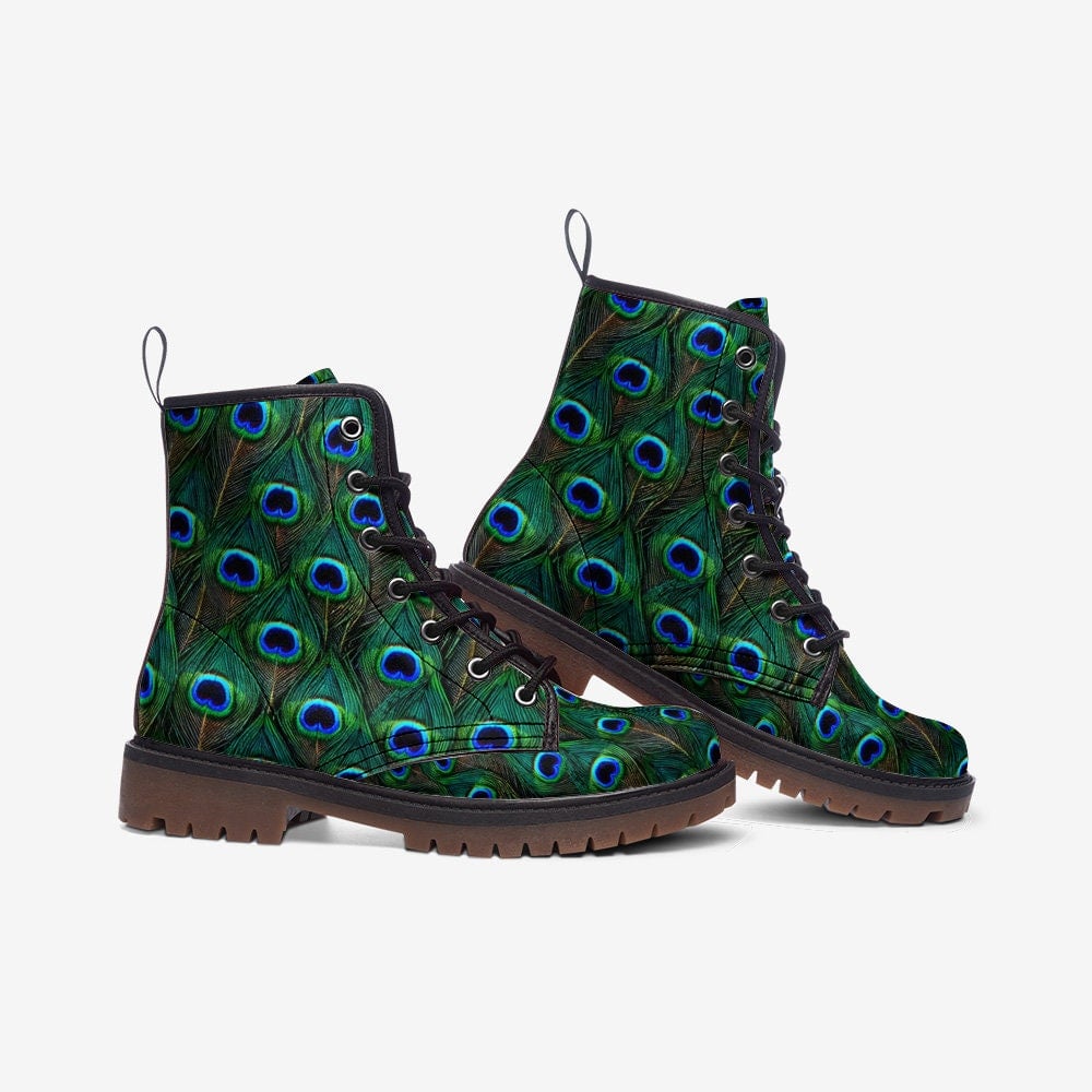 Emerald Blossoms  - Peacock Feathers Vegan Leather Boots Gorgeous Bright Blues And Greens