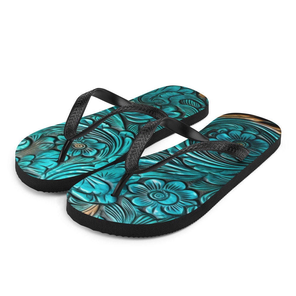 Emerald  Blossoms - Scrolled leather design blue Flip-Flops