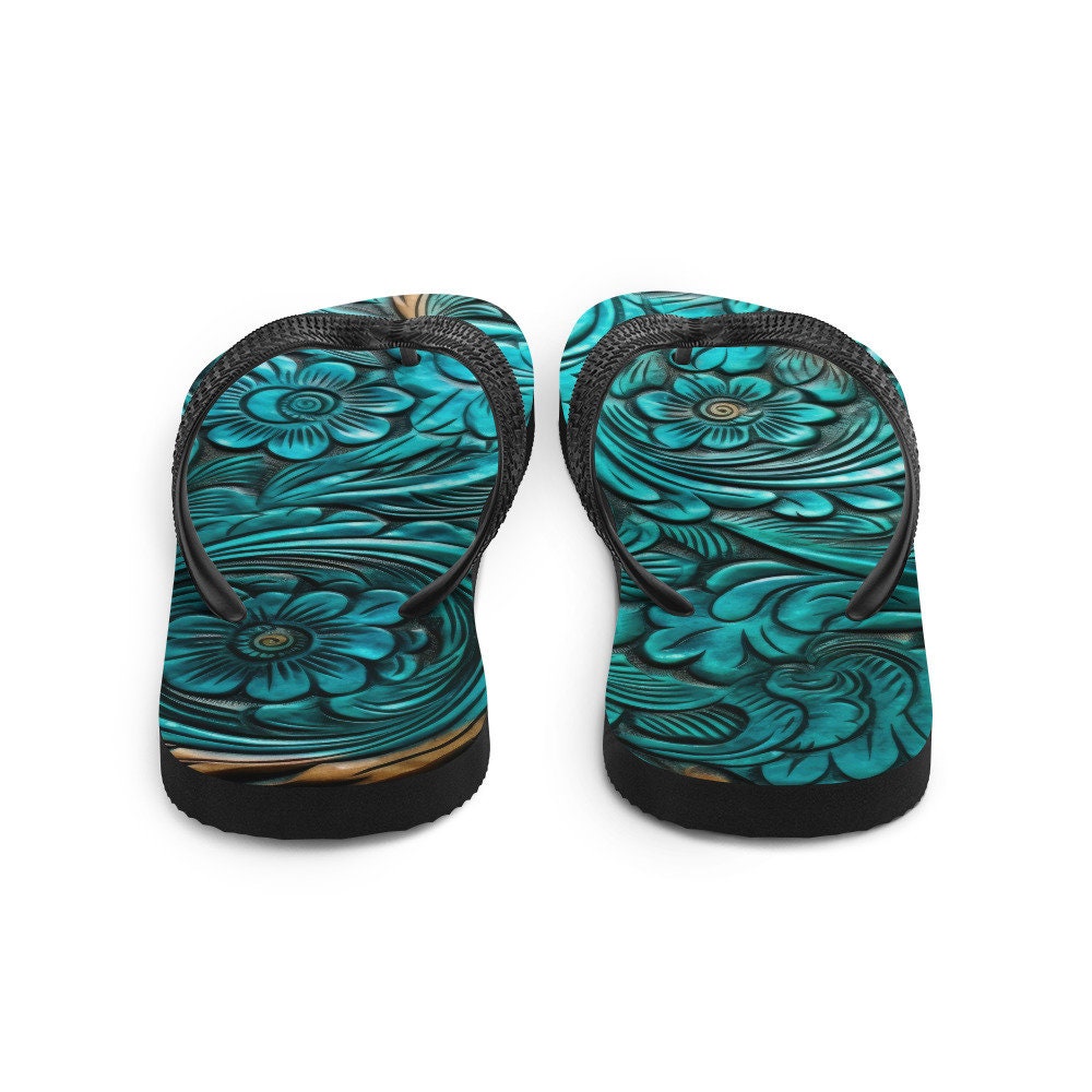 Emerald  Blossoms - Scrolled leather design blue Flip-Flops