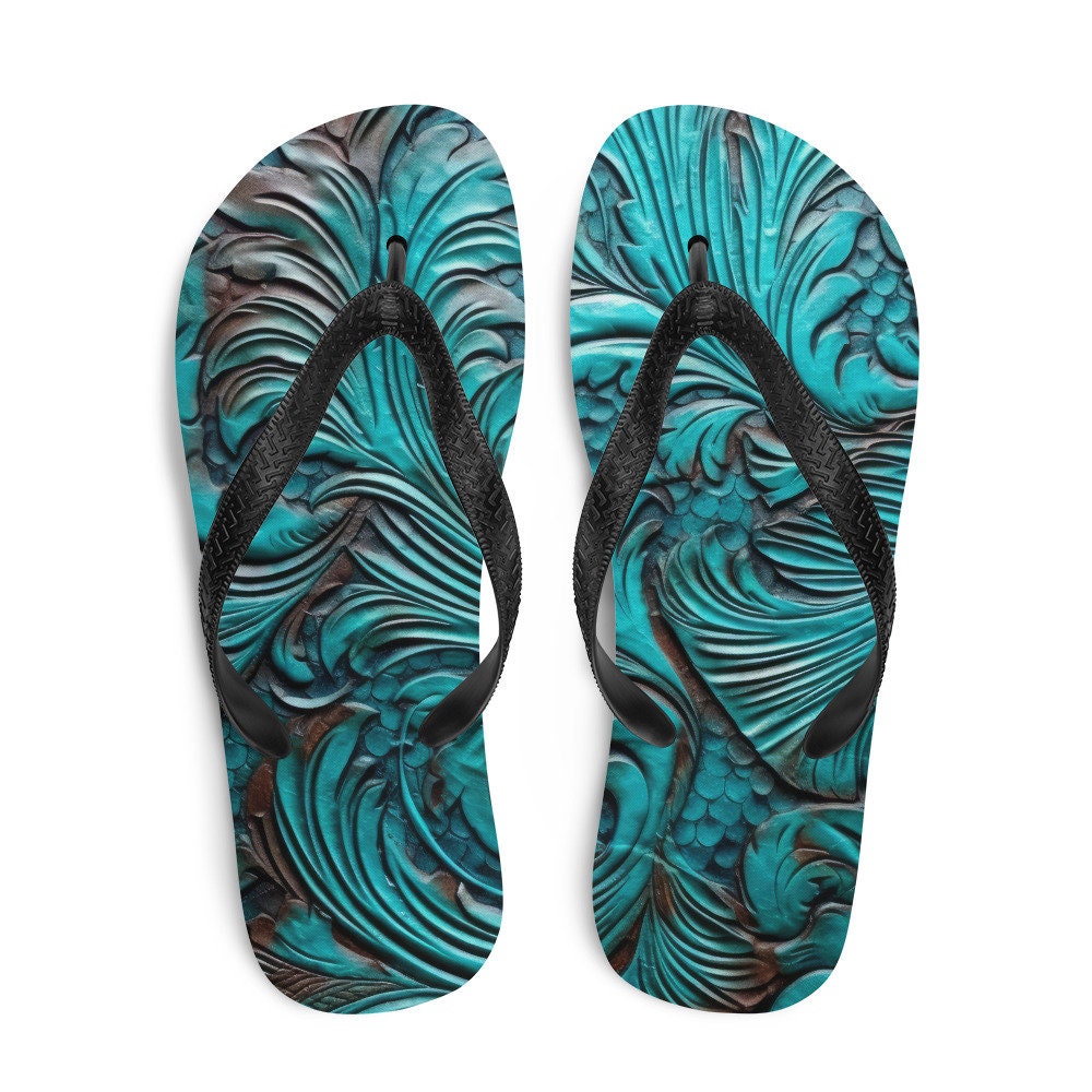 Emerald  Blossoms - Western Scroll leather blue design Flip-Flops