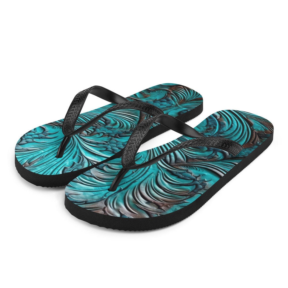 Emerald  Blossoms - Western Scroll leather blue design Flip-Flops