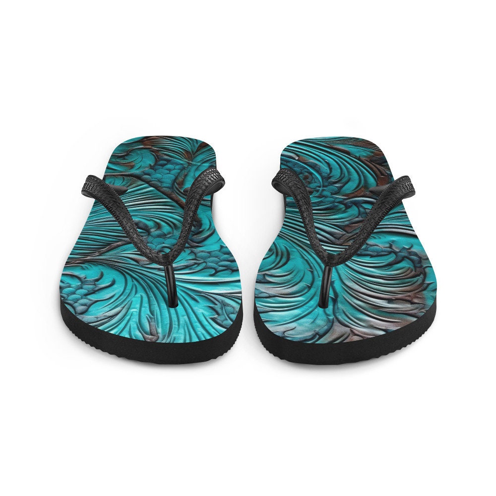 Emerald  Blossoms - Western Scroll leather blue design Flip-Flops