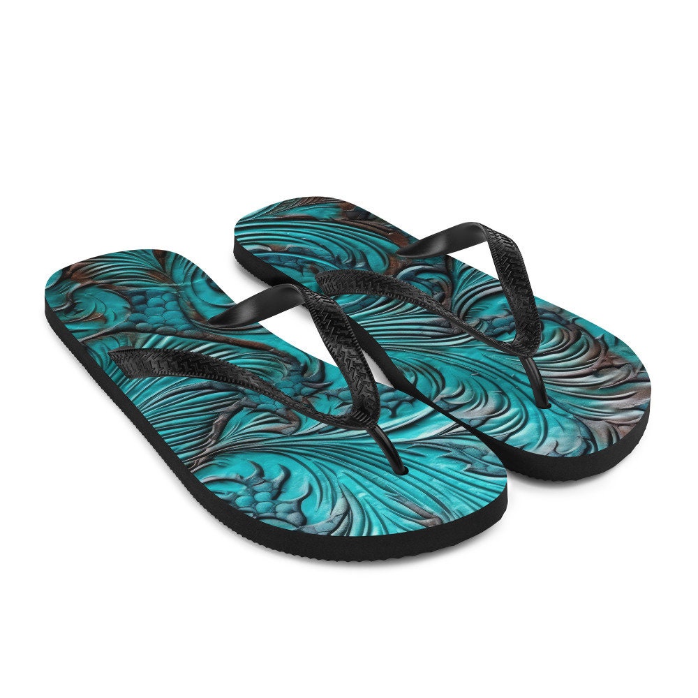 Emerald  Blossoms - Western Scroll leather blue design Flip-Flops