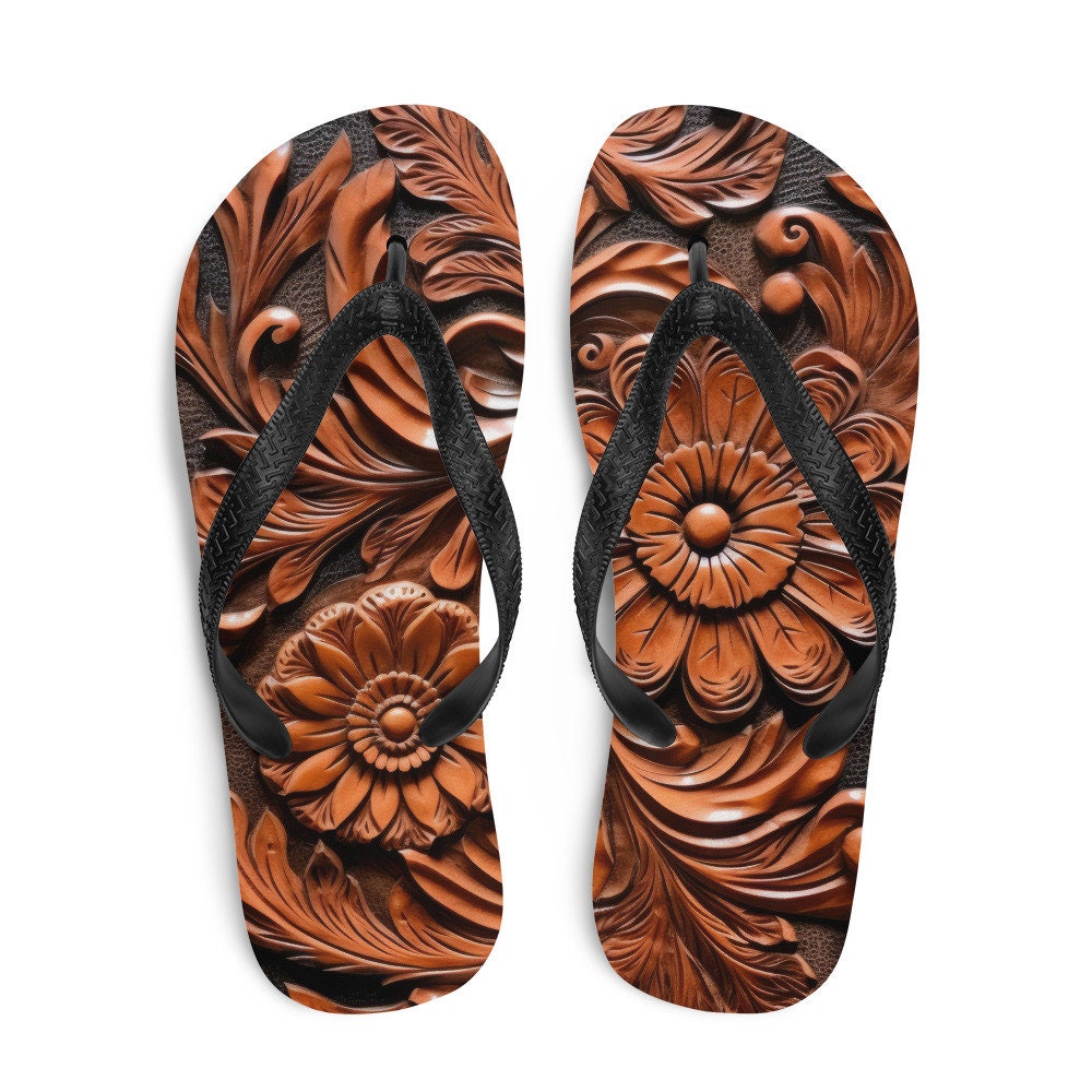 Emerald  Blossoms - Faux brown leather scrolled design -brown Flip-Flops