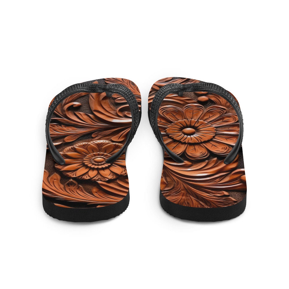 Emerald  Blossoms - Faux brown leather scrolled design -brown Flip-Flops