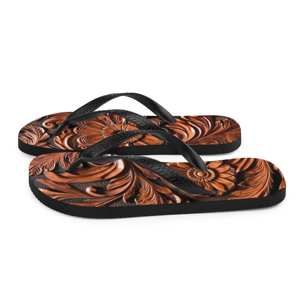 Emerald  Blossoms - Faux brown leather scrolled design -brown Flip-Flops