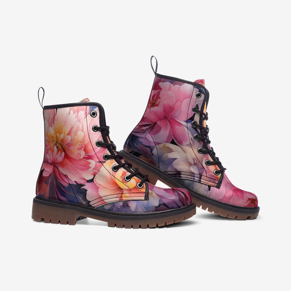 Emerald Blossoms - Painted Flowers Casual Faux Leather Lightweight Boots For Hippies