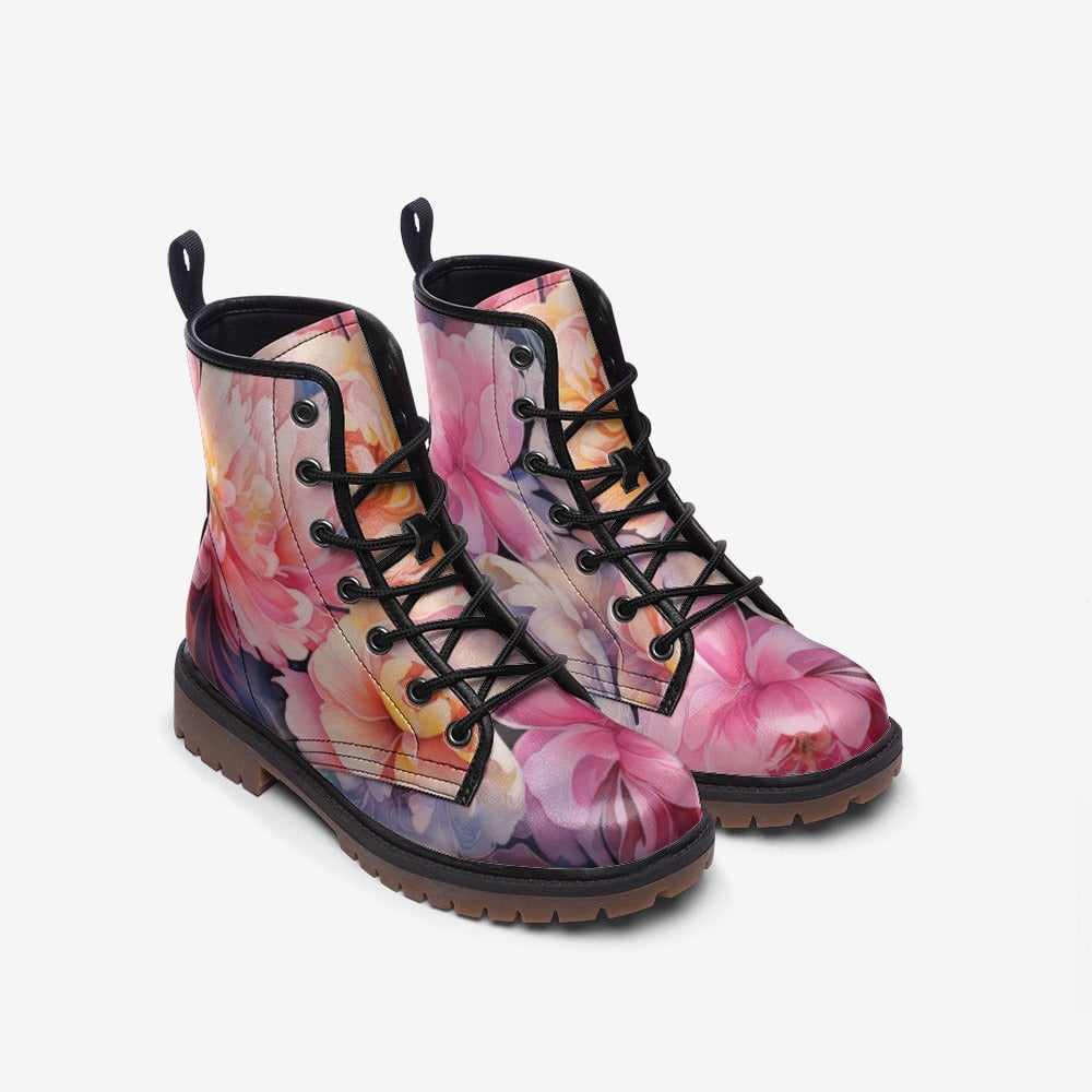 Emerald Blossoms - Painted Flowers Casual Faux Leather Lightweight Boots For Hippies