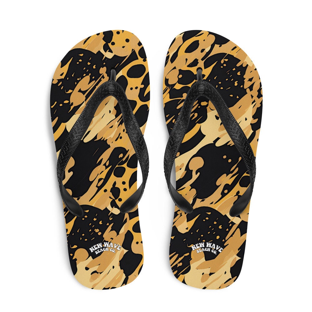 Emerald  Blossoms - Splatter Paint Animal Print Brown Black Flip Flops