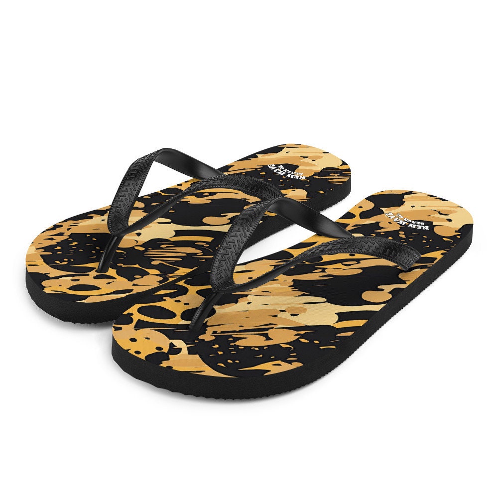 Emerald  Blossoms - Splatter Paint Animal Print Brown Black Flip Flops