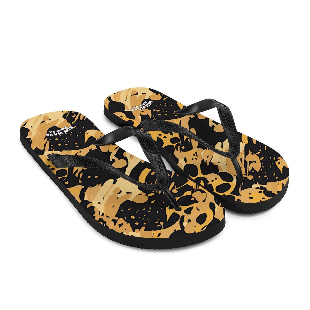 Emerald  Blossoms - Splatter Paint Animal Print Brown Black Flip Flops