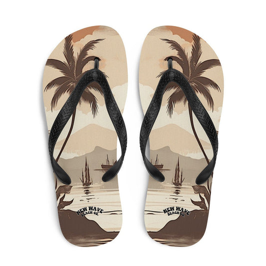 Emerald  Blossoms - Vintage Faded Brown Island Palm Tree Bay Flip Flops Colorful 