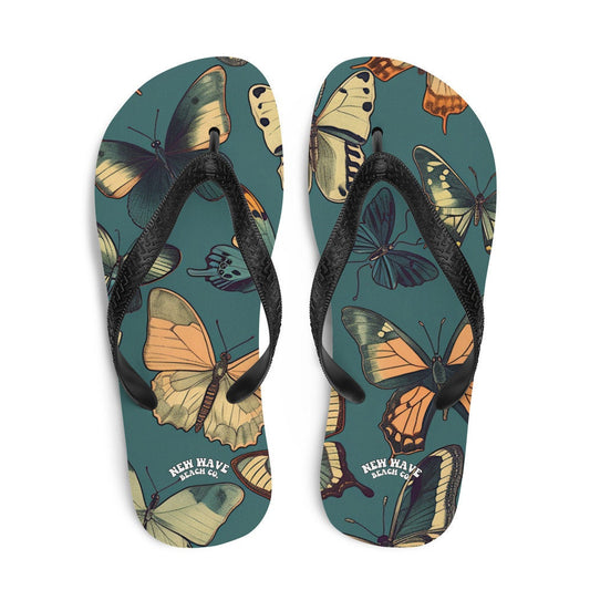 Emerald  Blossoms - Blue Vintage Butterfly Flip Flops Colorful 