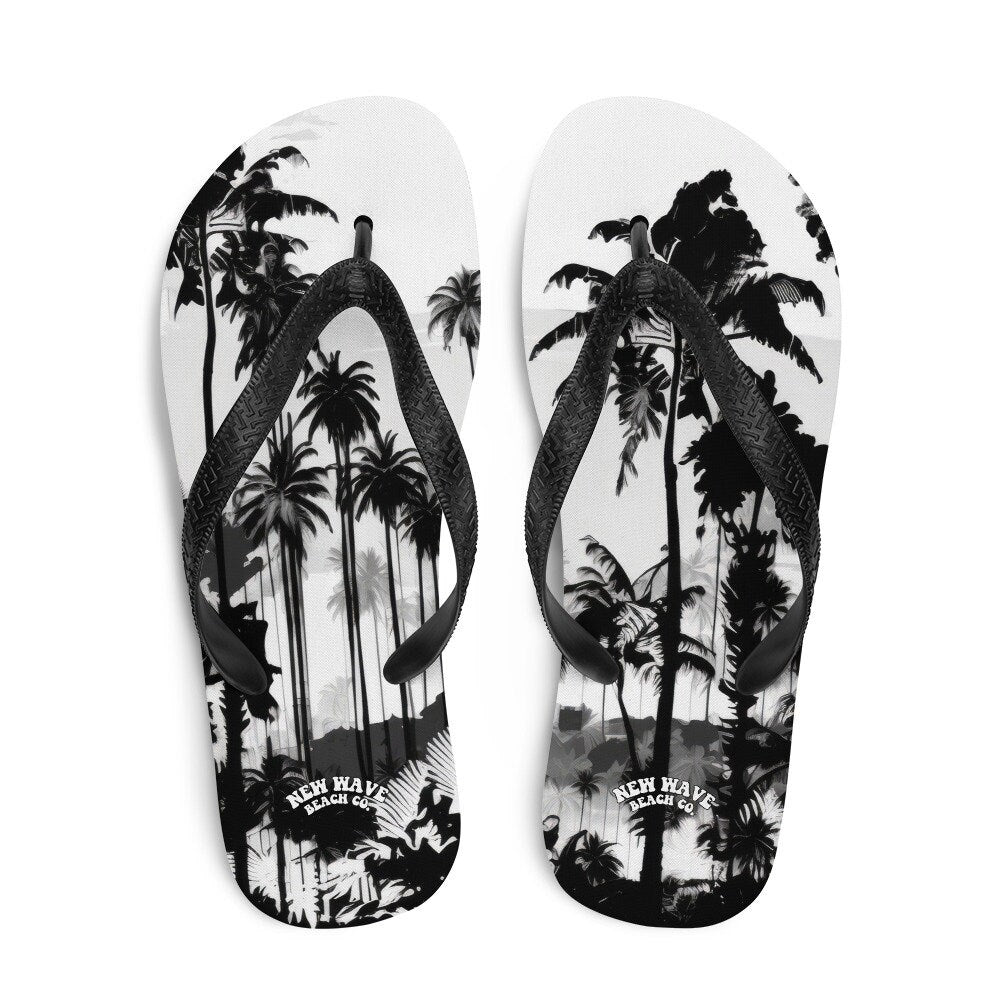 Emerald  Blossoms - Black White Inky Faded Photo Island Palm Tree Flip Flops 